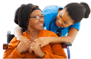 nurse and old woman smiling at each other